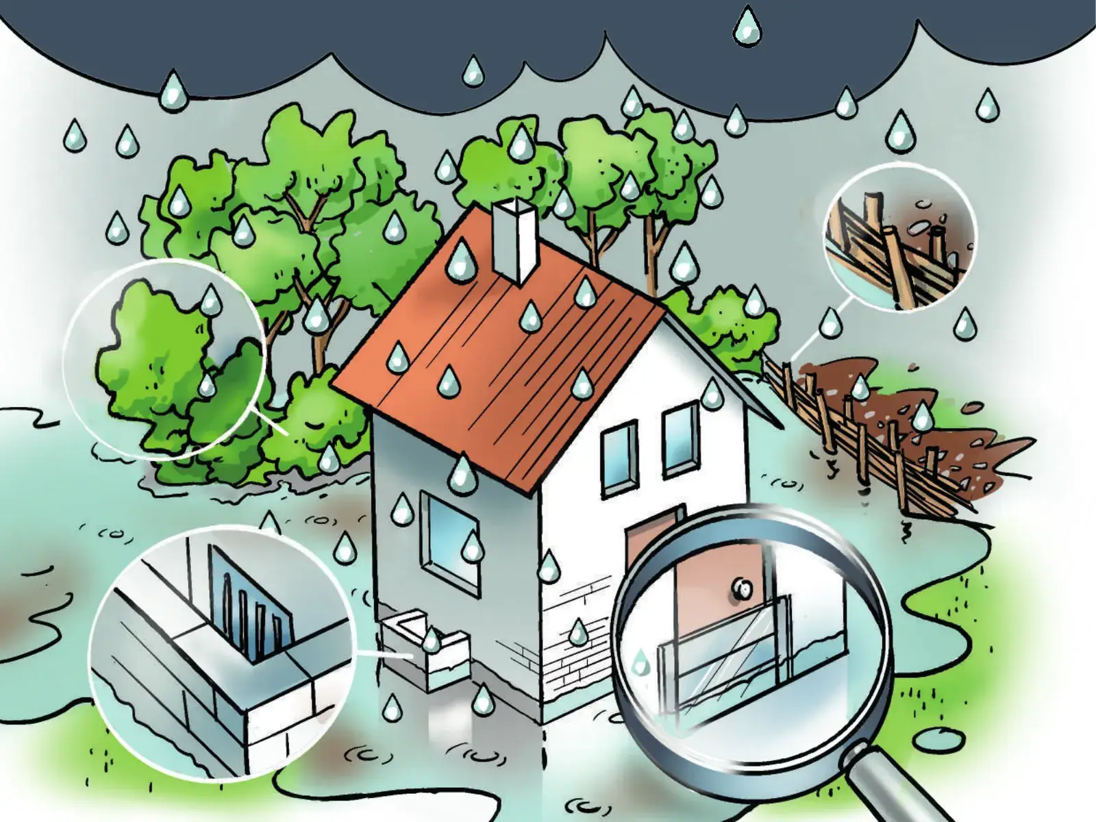 Une maison entourée d’eau sous un ciel de pluie, avec des loupes montrant un batardeau, une haie, une clôture emportée et une porte protégée